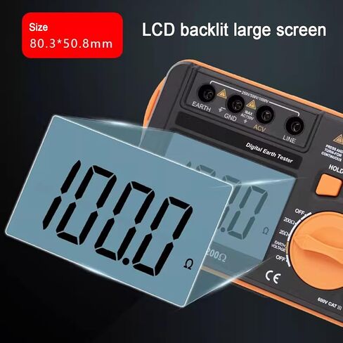 Digital Earth Resistance Tester, Ground Resistance Meter, Measurement Range 0.01‑2000Ω, 200V Voltage Measure, with LCD Backlit Display, for Comprehensive Testing in Kuwait
