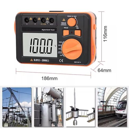 Digital Earth Resistance Tester, Ground Resistance Meter, Measurement Range 0.01‑2000Ω, 200V Voltage Measure, with LCD Backlit Display, for Comprehensive Testing in Kuwait