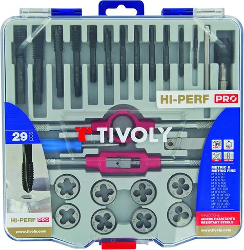 TIVOLY - مجموعة عالية الجودة مكونة من 29 قطعة - نقر خاص وخيوط مع ملحقات - للاستخدام في الفولاذ القوي - علبة متينة in Kuwait