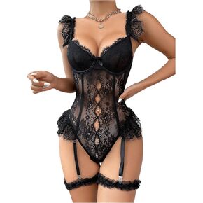 Verdusa Women's Floral Lace Underwire Teddy Bodysuit Ruffle Trim Thong Lingerie with Leg Ring