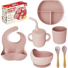 Silicone Baby Feeding Set – Complete Self-Feeding Set with Suction Plate, Spill-Proof Bib, Wooden Spoon & Fork, Leak-Proof Cups – Encourage Independence, Healthy Eating in Infants and Toddlers
