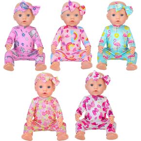 Ecore Fun 5 Sets Baby Doll Clothes and Headbands Baby Doll Accessories for 14 Inch Doll to 18 Inch Doll, Total 10 pcs Cute Pattern Jumpsuit Doll Clothes and Accessories for 14-18 Inch Baby Dolls