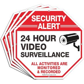 Video Surveillance Signs, Security Signs,Octagon 12 x12 Inches 40Mil Thick Aluminum Reflective sign for Home Business CCTV Security Camera, UV Protected & Waterproof, 4 pack