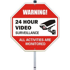 24 Hour Video Surveillance Sign with Stake - All Activities Are Monitored by Video Camera Sign - CCTV Video Surveillance Signs - Aluminum Security Sign for Security Alert Home Business (Red)
