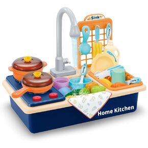 PowerTRC Pretend Kitchen Sink Play Set with Cooking Stove, Pots and Pans, Dishes and Cutting Food | Comes with Realistic Water Circulation and Spray | Lights and Sound