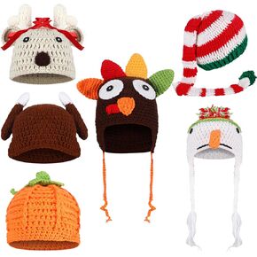 6 Pcs Christmas Baby Crochet Beanie Set, Pumpkin Hat Elf Long Tail Caps Christmas Hats Deer Turkey Knitted Cap for 3-6 Months Infant Kids Halloween Thanksgiving Fall Xmas Photo Prop