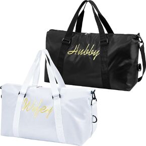 Sanwuta 2 Pcs Wifey Hubby Duffel Bag Set Wedding Waterproof Travel Bag Lightweight Weekender Bags for Women Men Large Gym Tote Bag Wedding Bridal Shower Honeymoon Gift for Party Organizer, Black White