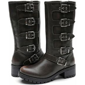 GLOBALWIN Chunky Mid Calf Fashion Dressy Motocycle Biker Military Style Combat Boots for Women Low Heel
