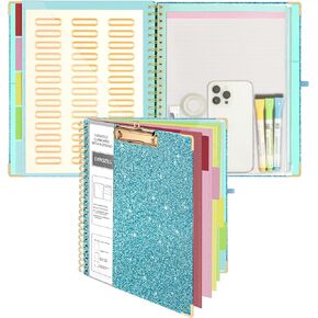 Clipboard with Storage Folio 10 Pockets 5 Tab Dividers Folder Labels Notepad Spiral Black Sparkly Clipboards for School Office
