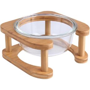 Elevated Glass Cat Bowl with Wooden Stand - Raised Comfort Feeding Bowl for Cats and Small Dogs - Transparent Bowl Easy Pick Up to Clean