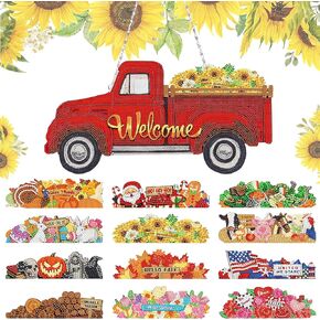 APCGSM 13PCS Interchangeable Diamond Painting Welcome Sign for Front Door Holiday Decor Blue Truck Hanging Sign Interchangeable Seasonal Decor for Wall Home Farmhouse DIY Diamond Art Kits for Adults