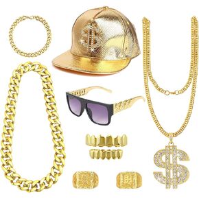 80s 90s Outfit for Men Hip Hop Costume Fake Gold Chain Money Chain Dollar Sign Necklace Ring Rapper Accessories