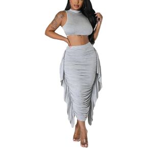 ملابس Acelyn الصيفية المكونة من قطعتين للنساء، مجموعة تنورة متوسطة الطول مكشكشة بدون أكمام ومثير in Kuwait