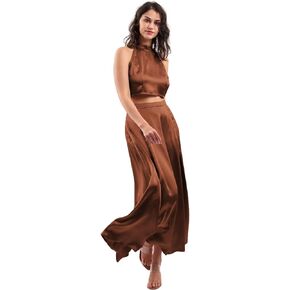 Amazhiyu Women Satin Two-Piece Outfits Summer Halter Crop Top and Maxi Skirt Set