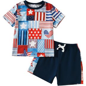 ملابس أطفال أولادي للرابع من يوليو تي شيرت بأكمام قصيرة مطبوع عليه حروف + شورت برباط طقم ملابس صيفية للرابع من يوليو in Kuwait