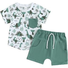 Toddler Baby Boy Cartoon Dinosaur Short Sleeve Shirt and Solid Color Shorts 2Pcs Summer Clothes Set