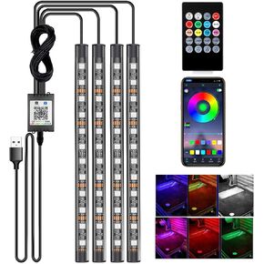 أضواء شريط LED للسيارة RGB 5050 4X 12-SMD شريط ملون ومشرق للجو الداخلي تحت لوحة إضاءة القدم، قابس USB 5 فولت، تطبيق بلوتوث وجهاز تحكم عن بعد، مزامنة الموسيقى in Kuwait