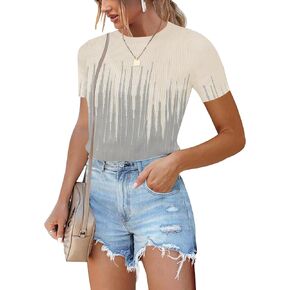 Womens Sweater Tops Slim Fit 2024 Summer Short Sleeve T Shirt Ribbed Knit Pullover Top