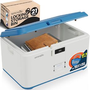 SereneLife Locking Storage Container Bin, 21 Gallon Capacity Lockable Box, Integrated Combination Lock, Heavy Duty Plastic Trunk With Side Carry Handle Grips, Usable As Item Organizer Or Food Locker