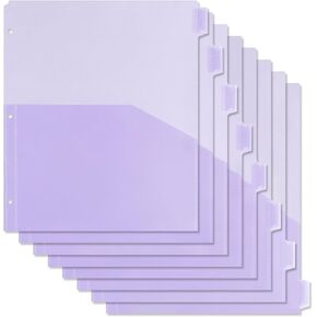 Binder Dividers with Pockets - 8 Plastic Dividers for 3 Ring Binders - Pocket dividers with 3 Holes for 3 Ring Binders - A4 Bividers with Pocket & Tabs for Planners (Purple - 1 Pack)