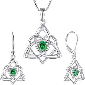 STARCHENIE Celtic Knot Pendant Necklace 925 Sterling Silver Trinity Love Knot Dangle Earrings Created Emerald Jewelry Set for Women
