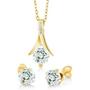 Gem Stone King 18K Yellow Gold Plated Silver Aquamarine Pendant and Earrings Set For Women | 2.25 Cttw | Round 6MM | with 18 Inch Silver Chain