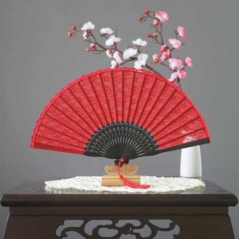 Exasinine Retro Lace Hand Fan Bamboo Folding Fan Handheld Fan (Red) in Kuwait