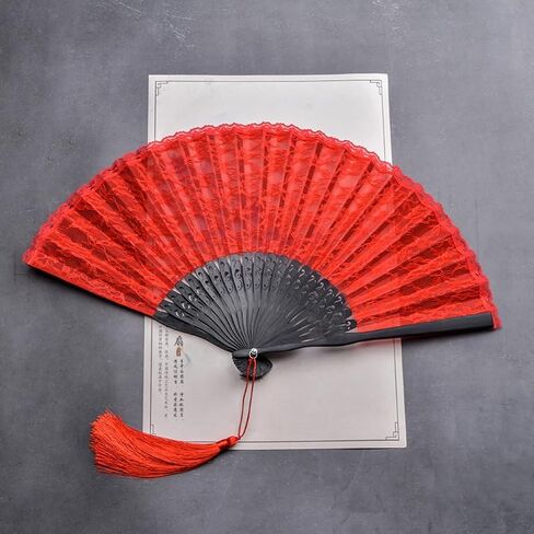 Exasinine Retro Lace Hand Fan Bamboo Folding Fan Handheld Fan (Red) in Kuwait