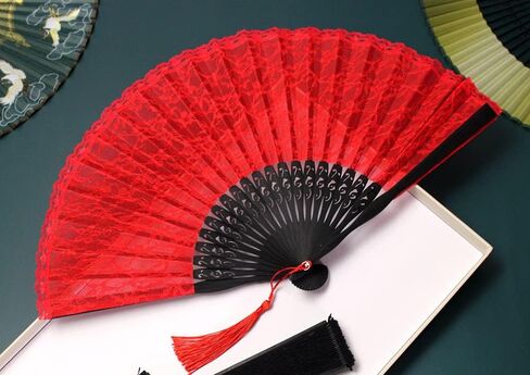 Exasinine Retro Lace Hand Fan Bamboo Folding Fan Handheld Fan (Red) in Kuwait
