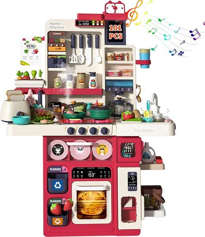 101 PCS Kids Kitchen Playset, IRIMMY Play Kitchen w/Realistic Cooking Light, Sounds, Steam, Sink, Water Dispenser, Bread Maker & Toy Kitchen Accessories, Pretend Kitchen Set for Kids Girls Boys, Green in Saudi Arabia