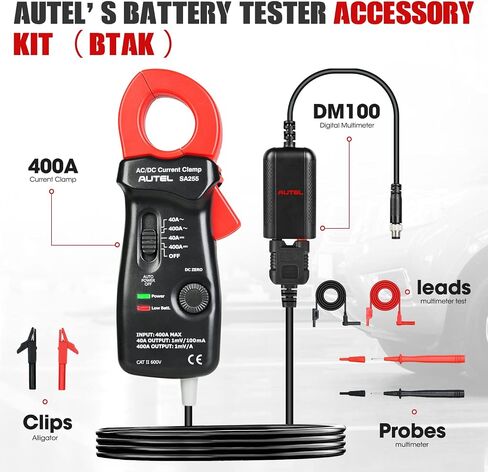 مجموعة ملحقات اختبار البطارية Autel MaxiBAS BTAK، مقياس التيار الرقمي DM100 400A، يقيس الجهد والتيار والمقاومة وقوة البطارية، استكشاف أخطاء النظام الكهربائي وإصلاحها، العمل مع BT608/BT609 in Saudi Arabia