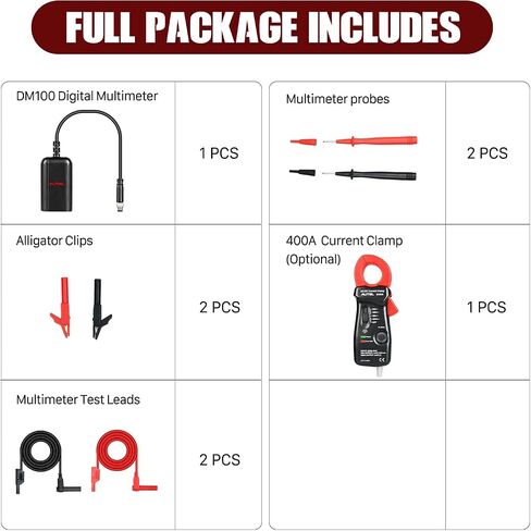 مجموعة ملحقات اختبار البطارية Autel MaxiBAS BTAK، مقياس التيار الرقمي DM100 400A، يقيس الجهد والتيار والمقاومة وقوة البطارية، استكشاف أخطاء النظام الكهربائي وإصلاحها، العمل مع BT608/BT609 in Saudi Arabia