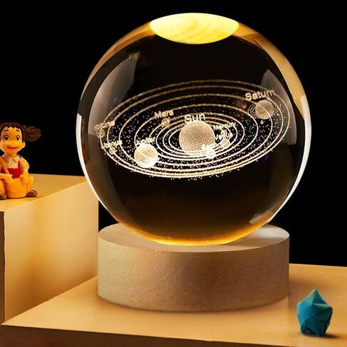 3D Solar System Crystal Ball, 3.15inch(80mm) Decorative Quartz Glass Ball, Sphere with Wooden Base, Paperweight Crystal Display Sculpture Home Decor Gifts for Women Friends (Solar System, 8cm(3.15in)) in Saudi Arabia