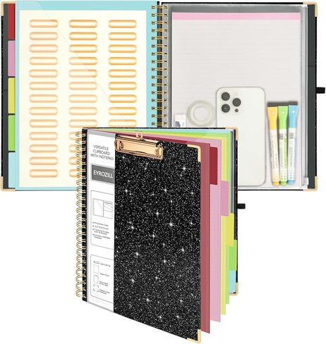 Clipboard with Storage Folio 10 Pockets 5 Tab Dividers Folder Labels Notepad Spiral Black Sparkly Clipboards for School Office in Saudi Arabia
