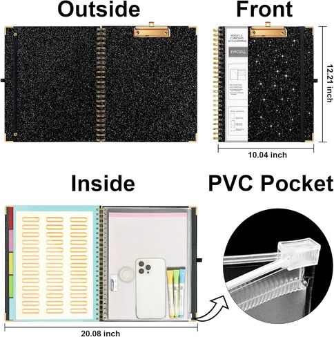 Clipboard with Storage Folio 10 Pockets 5 Tab Dividers Folder Labels Notepad Spiral Black Sparkly Clipboards for School Office in Saudi Arabia