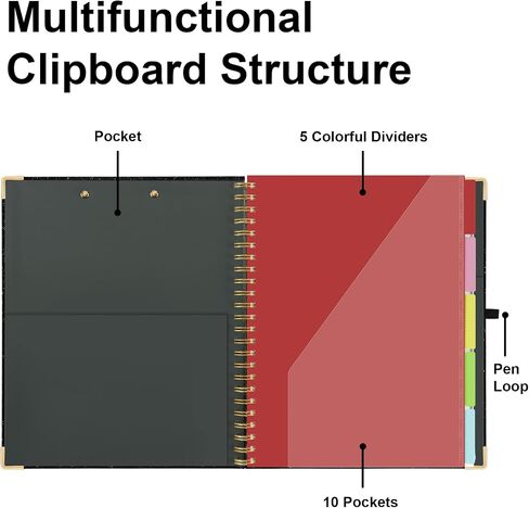 Clipboard with Storage Folio 10 Pockets 5 Tab Dividers Folder Labels Notepad Spiral Black Sparkly Clipboards for School Office in Saudi Arabia