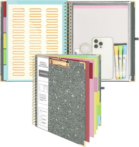 Clipboard with Storage Folio 10 Pockets 5 Tab Dividers Folder Labels Notepad Spiral Black Sparkly Clipboards for School Office in Saudi Arabia