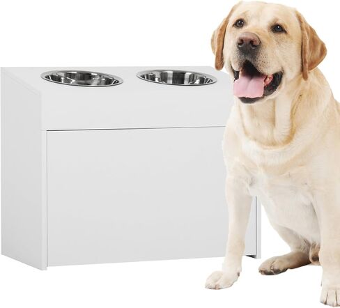 Nisorpa Large Elevated Dog Bowls with Storage Cabinet Containing Large 29L Capacity, Raised Dog Bowl Stand Pet Food Bowl Dog Feeding Station, White in Saudi Arabia