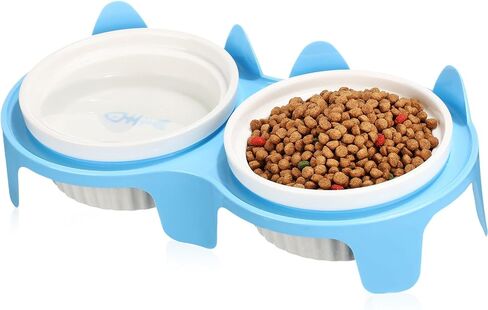 1 Set Double Ceramic Cat Bowls Elevated Tilted Cat Food Bowls Raised Ceramic Pet Bowls with Stand Dog Cat Food and Water Bowl Set Tall Feet Feeding Bowls Dishes for Pet Cats Dogs(Blue) in Saudi Arabia