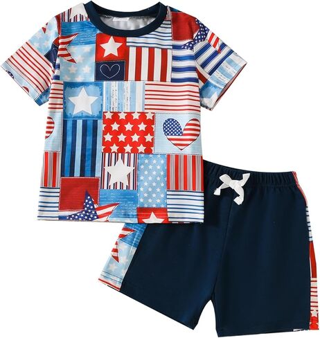 Baby Boy 4th of July Outfits Letter Print Short Sleeve T-Shirt+Drawstring Shorts Fourth of July Summer Clothes Set in Kuwait