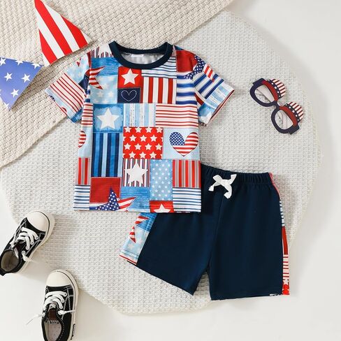 Baby Boy 4th of July Outfits Letter Print Short Sleeve T-Shirt+Drawstring Shorts Fourth of July Summer Clothes Set in Kuwait