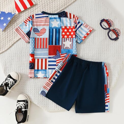 Baby Boy 4th of July Outfits Letter Print Short Sleeve T-Shirt+Drawstring Shorts Fourth of July Summer Clothes Set in Kuwait