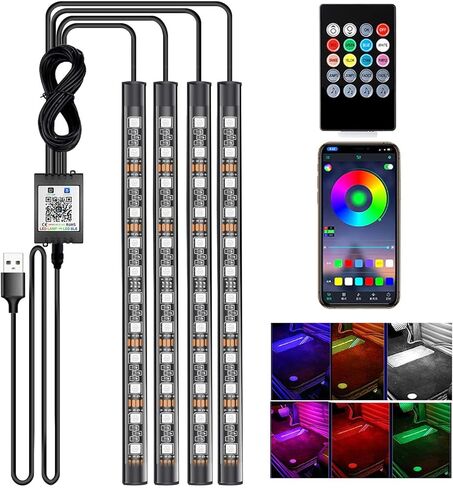 أضواء شريط LED للسيارة RGB 5050 4X 12-SMD شريط ملون ومشرق للجو الداخلي تحت لوحة إضاءة القدم، قابس USB 5 فولت، تطبيق بلوتوث وجهاز تحكم عن بعد، مزامنة الموسيقى in Kuwait