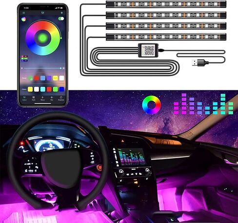 أضواء شريط LED للسيارة RGB 5050 4X 12-SMD شريط ملون ومشرق للجو الداخلي تحت لوحة إضاءة القدم، قابس USB 5 فولت، تطبيق بلوتوث وجهاز تحكم عن بعد، مزامنة الموسيقى in Kuwait