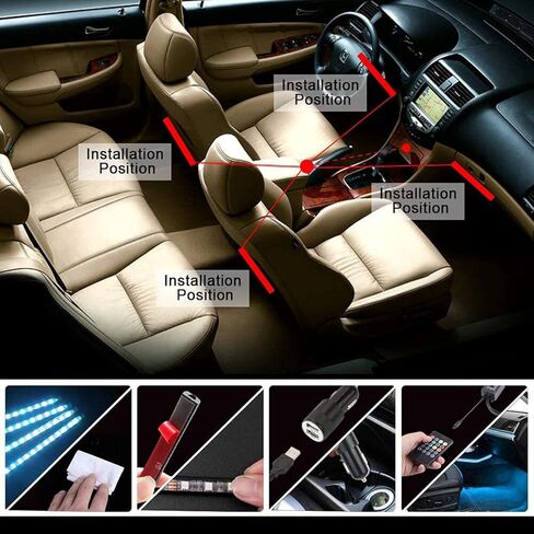 أضواء شريط LED للسيارة RGB 5050 4X 12-SMD شريط ملون ومشرق للجو الداخلي تحت لوحة إضاءة القدم، قابس USB 5 فولت، تطبيق بلوتوث وجهاز تحكم عن بعد، مزامنة الموسيقى in Kuwait