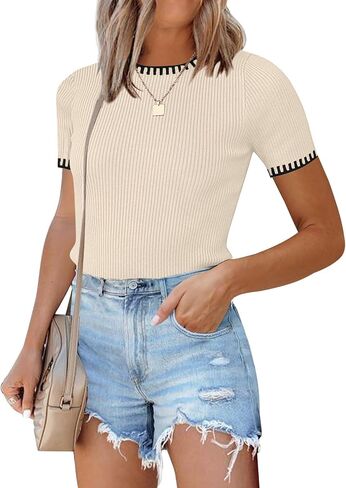 Womens Sweater Tops Slim Fit 2024 Summer Short Sleeve T Shirt Ribbed Knit Pullover Top in Saudi Arabia