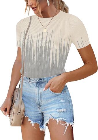 Womens Sweater Tops Slim Fit 2024 Summer Short Sleeve T Shirt Ribbed Knit Pullover Top in Saudi Arabia