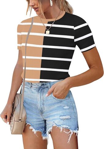 Womens Sweater Tops Slim Fit 2024 Summer Short Sleeve T Shirt Ribbed Knit Pullover Top in Saudi Arabia
