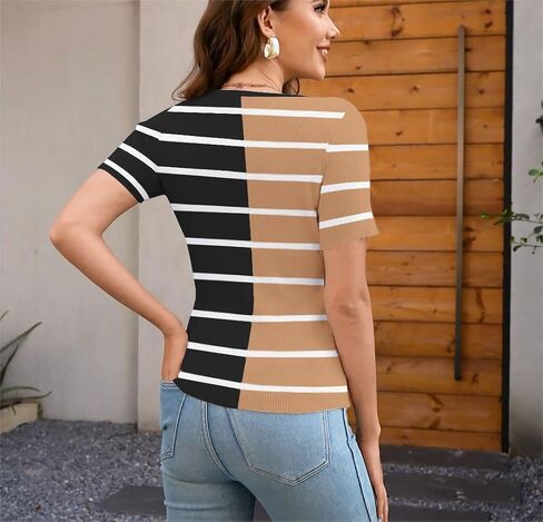 Womens Sweater Tops Slim Fit 2024 Summer Short Sleeve T Shirt Ribbed Knit Pullover Top in Saudi Arabia