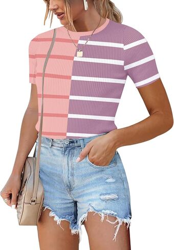 Womens Sweater Tops Slim Fit 2024 Summer Short Sleeve T Shirt Ribbed Knit Pullover Top in Saudi Arabia